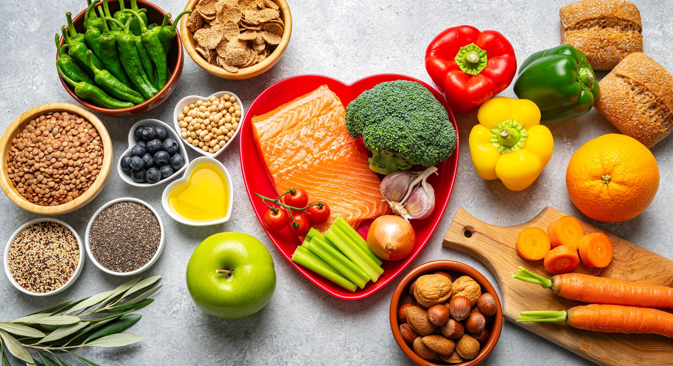 Healthy food flat lay with salmon and vegetables